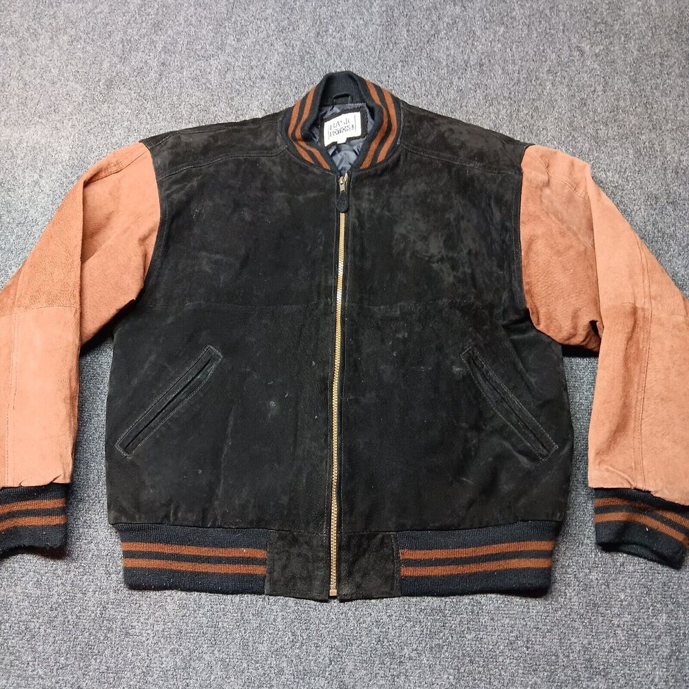 Vintage Basic Editions Leather Stadium Jacket Adult Large Black Brown‎ Lined